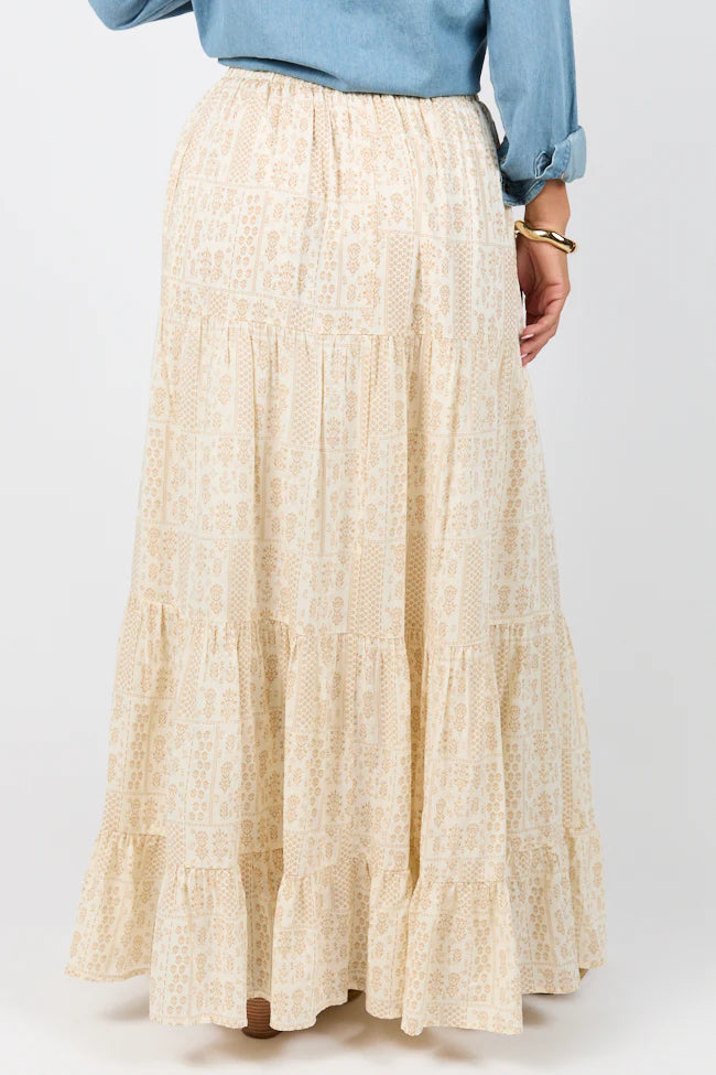 Life Is But A Breeze Ivory and Beige Printed Maxi Skirt