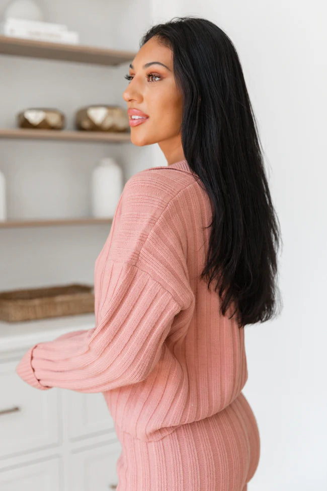 For The Long Haul Mauve Collared V-Neck Sweater