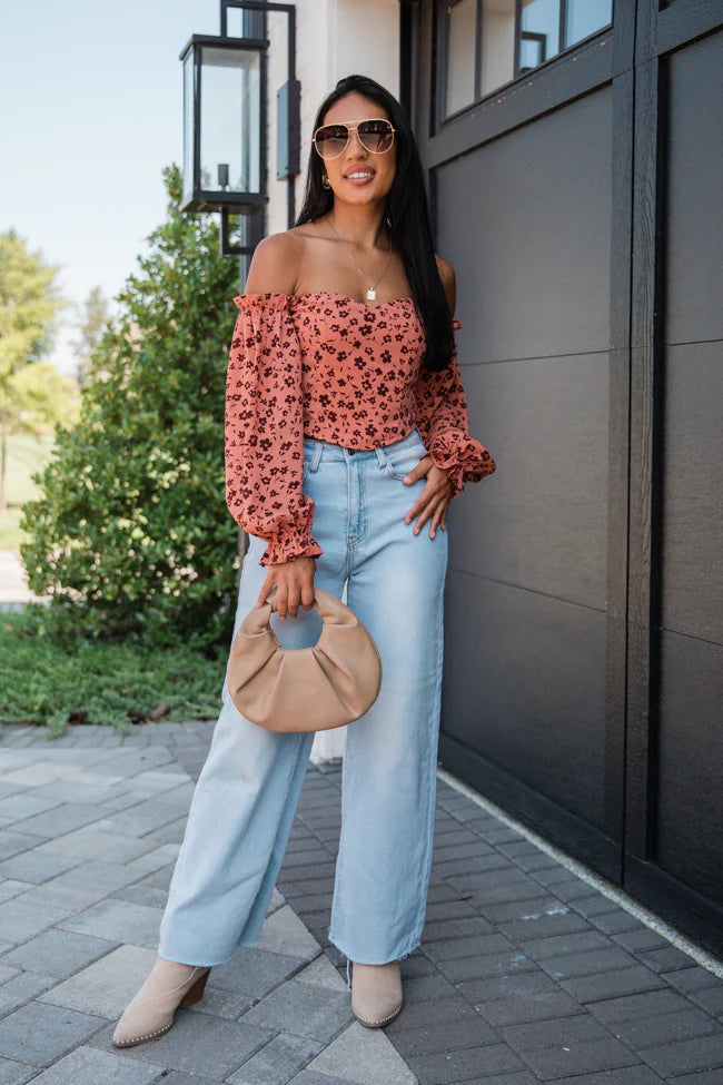 Don't Look Back Brick Floral Print Off The Shoulder Corset Blouse FINAL SALE