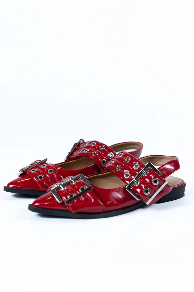 Addison Red Leather Buckle Slingback Flat