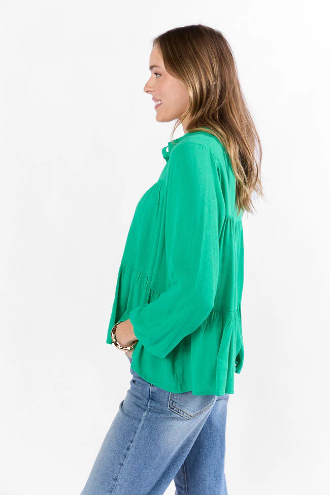 Something Good Green Tiered Relaxed Button Down Blouse