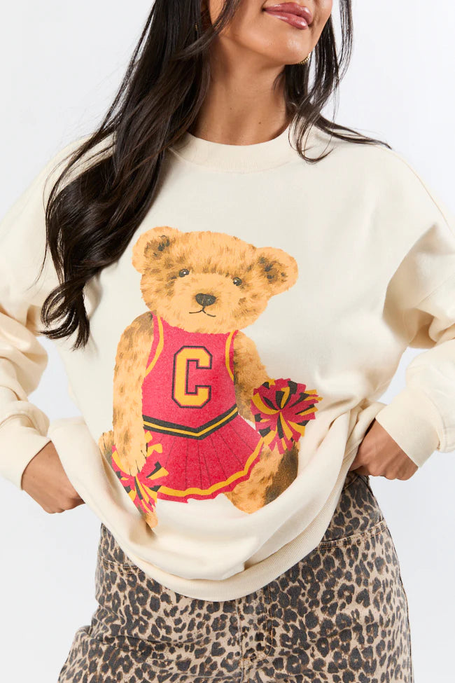 Vintage Red and Gold Cheer Teddy Bear Cream Oversized Graphic Sweatshirt