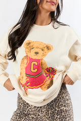 Vintage Red and Gold Cheer Teddy Bear Cream Oversized Graphic Sweatshirt