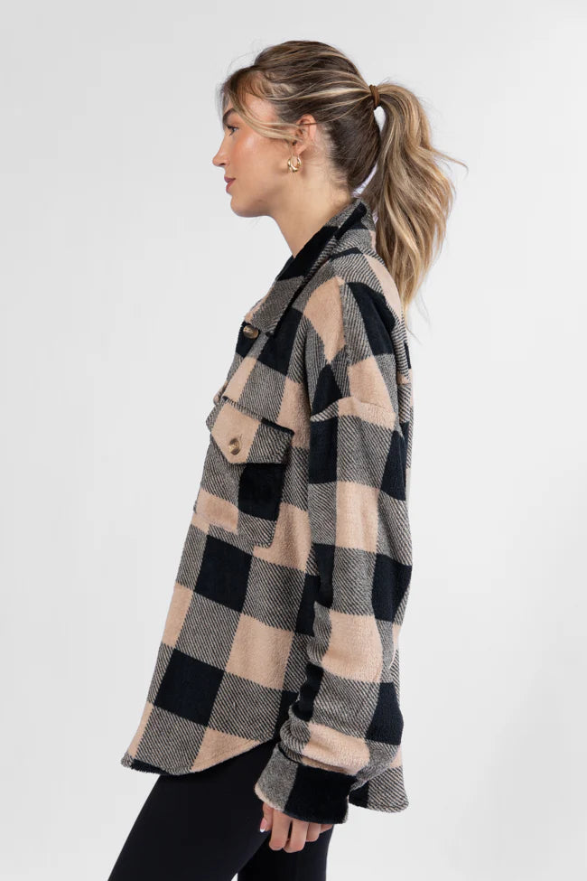 Wind Down Black and Tan Fleece Plaid Shacket