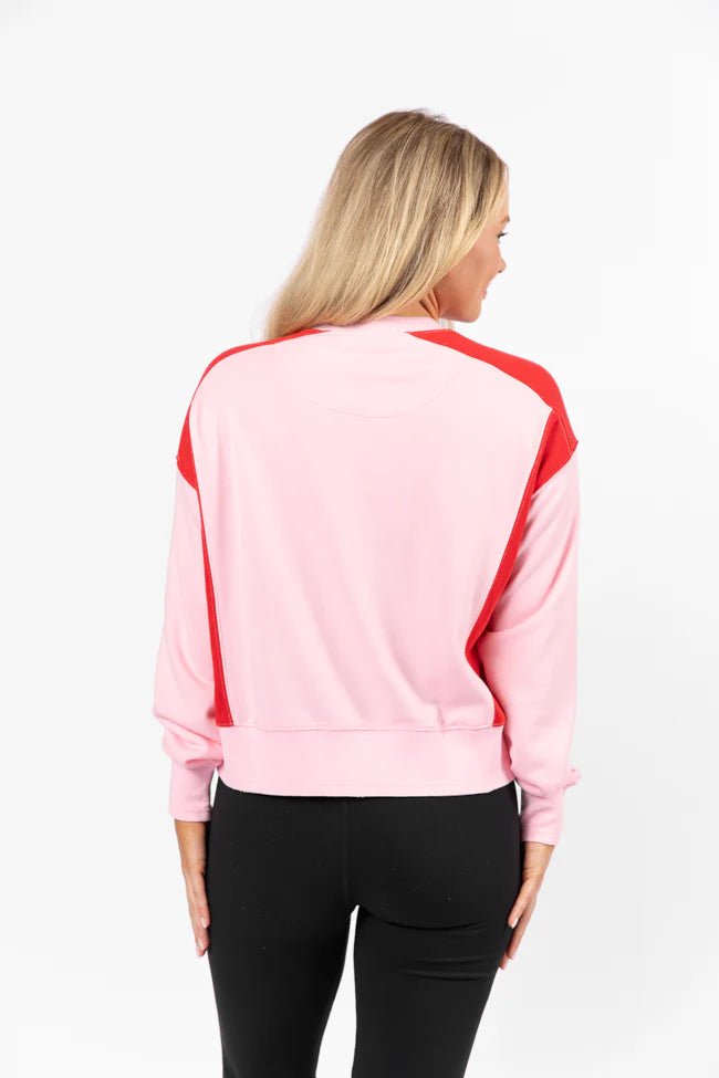 Far Between Pink and Red Contrast Trim Crew Neck Sweatshirt