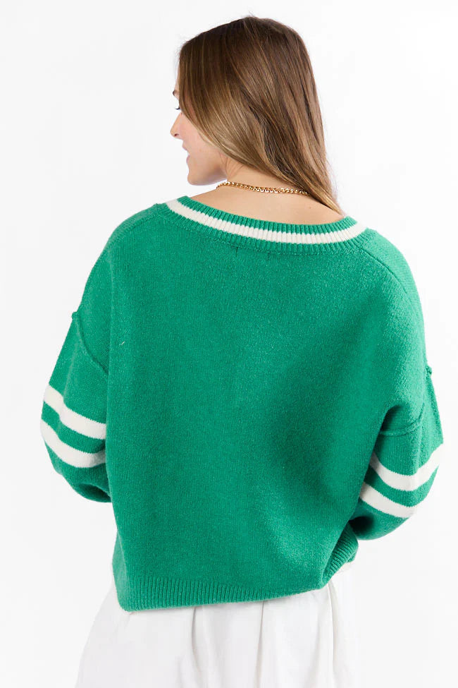 All The Good Green V-Neck Varsity Sweater