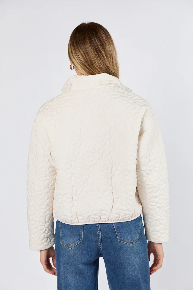 Full Bloom Cream Flower Quilted Zip Up Jacket