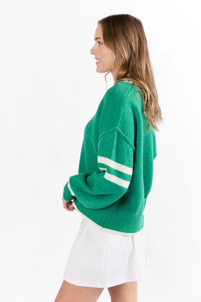 All The Good Green V-Neck Varsity Sweater