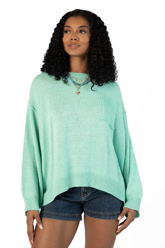 Tell Me Everything Aqua Oversized Pocketed Light Weight Sweater