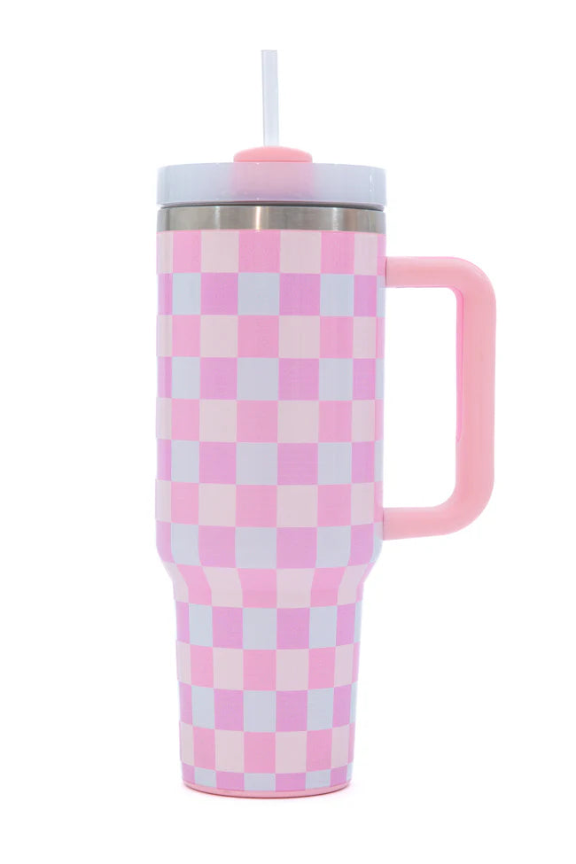 Sippin' Pretty Multi Pastel Checkered 40 oz Drink Tumbler With Lid And Straw SALE