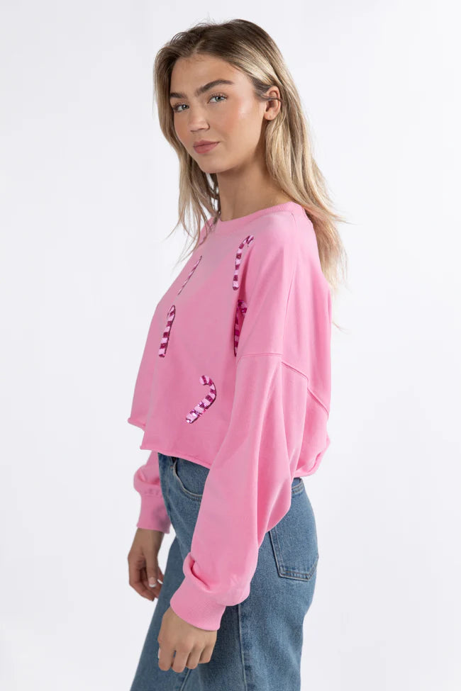 Candy Cane Dreams Pink Sequin Patch Sweatshirt FINAL SALE