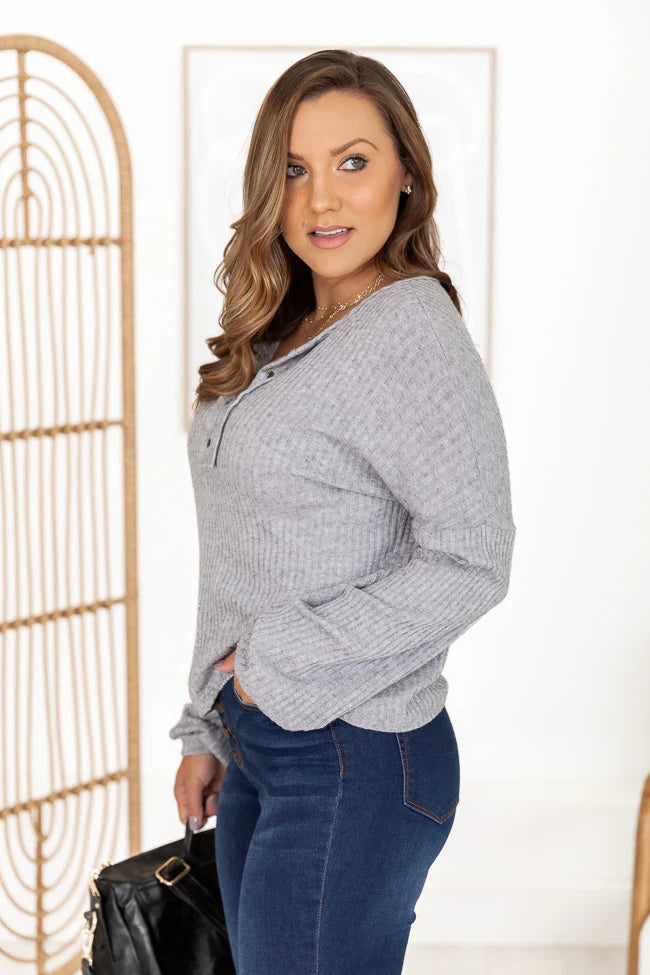 Lasting Words Split Heather Grey V-Neck Ribbed Blouse FINAL SALE