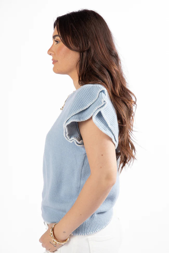 Everywhere and Back Light Blue Flutter Sleeve Stitched Detail Sweater