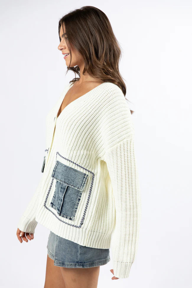 Living For Today Ivory Denim Pocket Cardigan