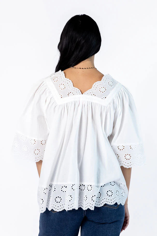 No Regrets Ivory Eyelet Detail Popover Short Sleeve Blouse