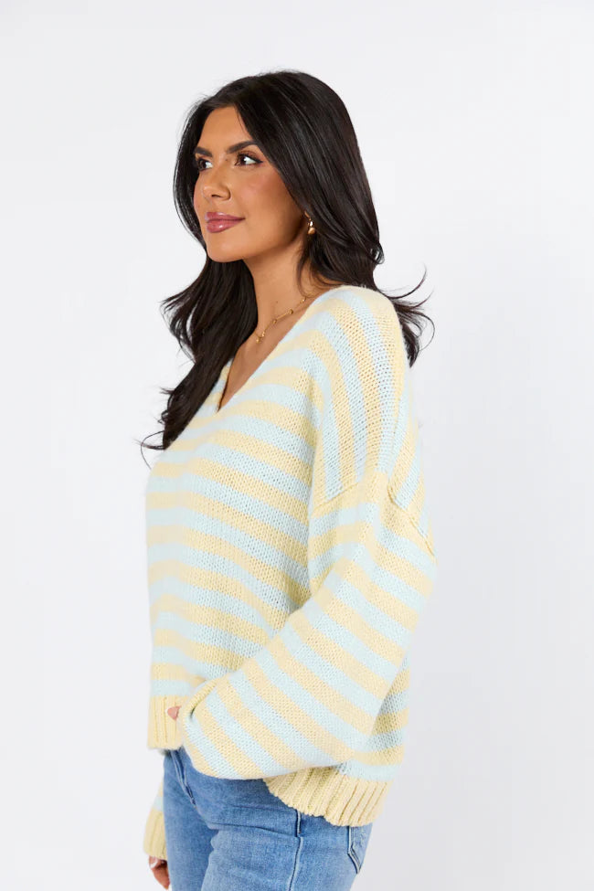 Wait A Minute Yellow and Blue Multi Striped V-Neck Sweater