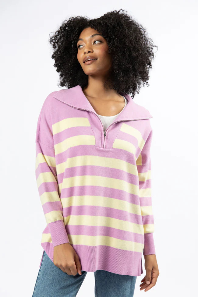 Pulling Heartstrings Purple And Yellow Striped Quarter Zip Pullover SALE