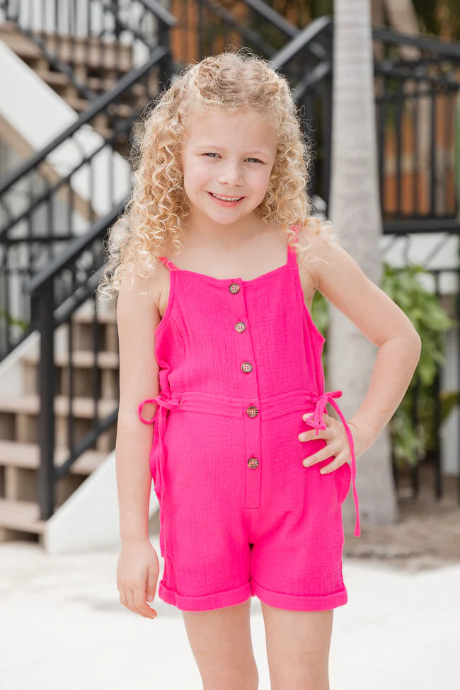 Kid's Walk The Shore Pink Button Front Collared Romper SALE