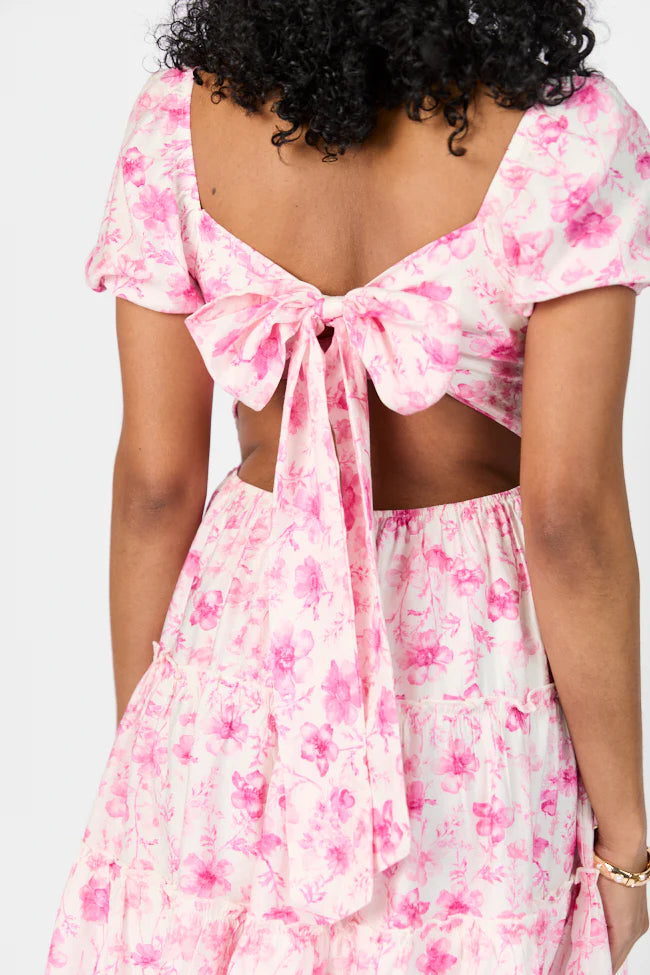 Calling Perfection Pink Floral Dress With Back Bow Detail