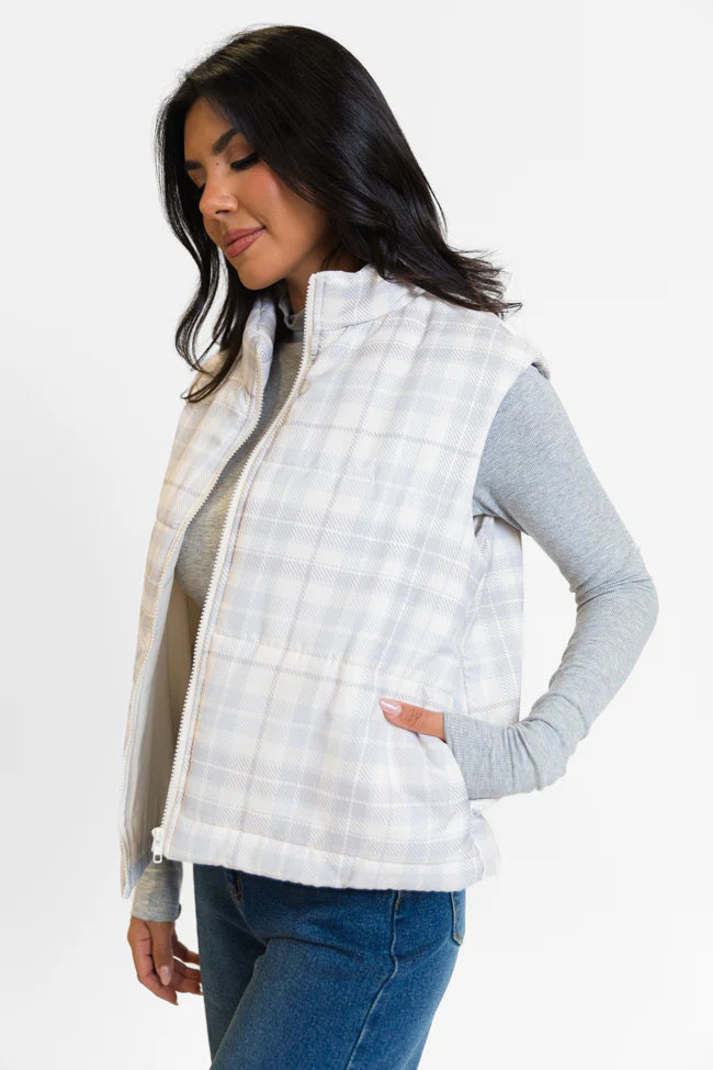 In A Bubble Beige Plaid Puffer Vest SALE