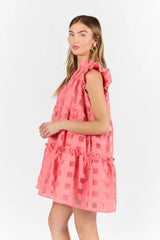 On The Line Coral Ruffle Shoulder Textured Mini Dress