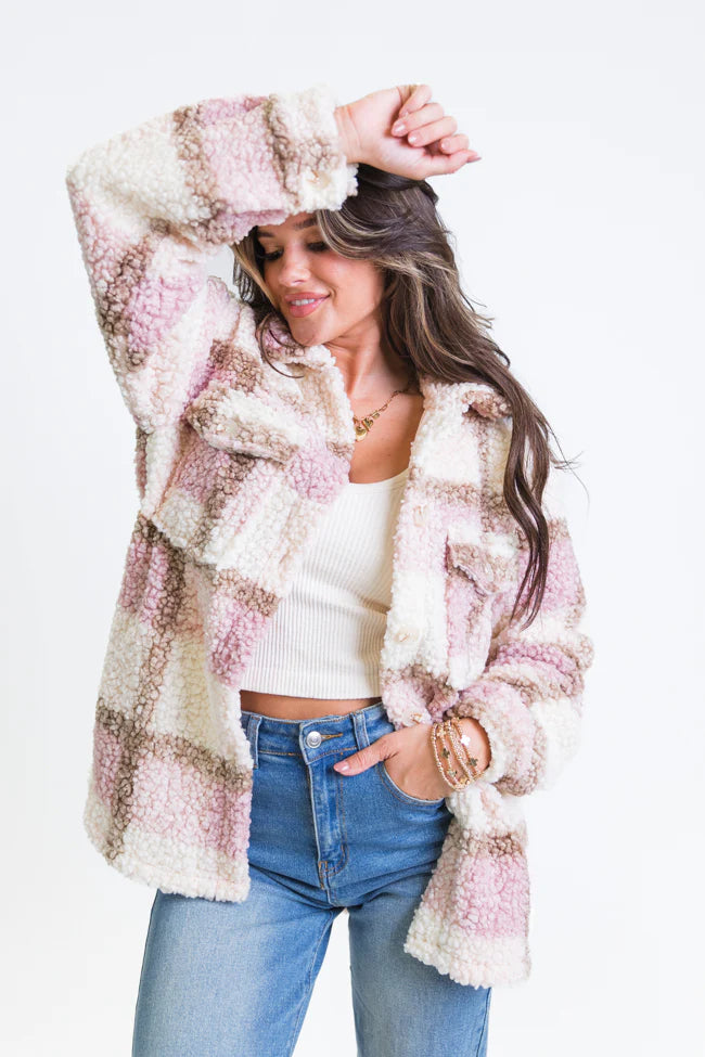 Beloved Memories Pink Plaid Sherpa Shacket