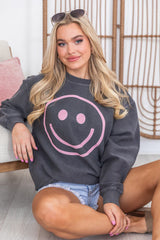 Pink Smiley Charcoal Corded Graphic Sweatshirt