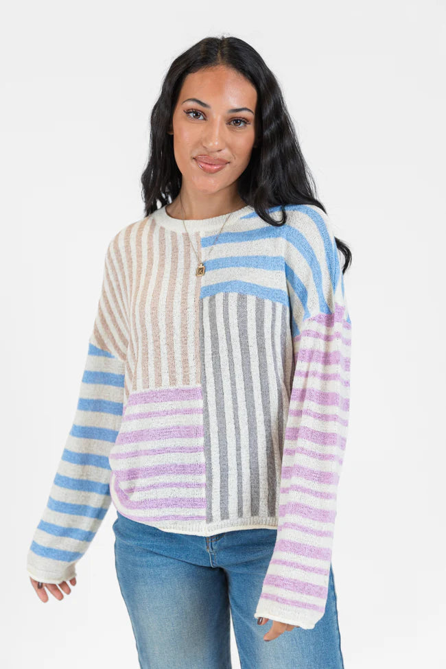 He Loves Me Taupe Multi Stripe Lightweight Sweater