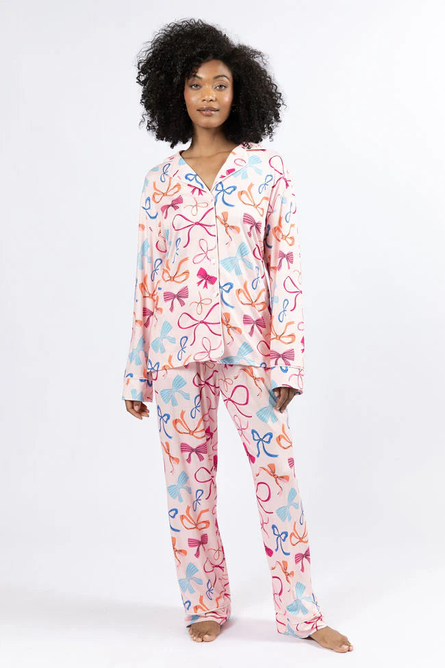 On A Cloud Multi Colored Bows Plush Knit Pajama Set