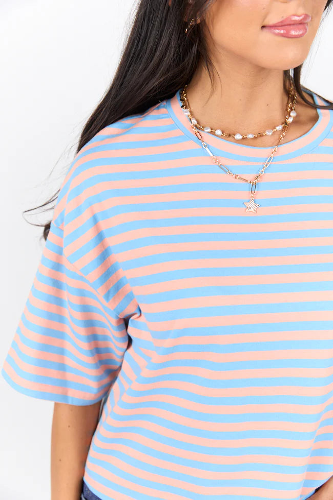 Keep It Casual Blue and Coral Multi Boxy Striped Tee