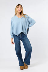 Never Say Never Dusty Blue Ribbed Knit V-Neck Long Sleeve Top