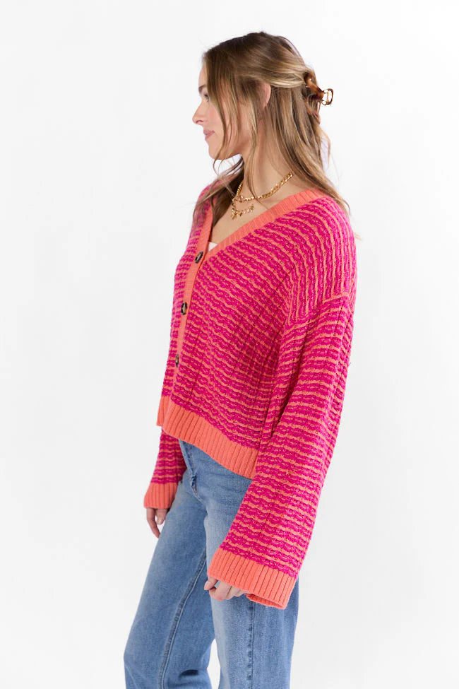 Triple Take Pink and Orange Woven Textured Knit Cardigan