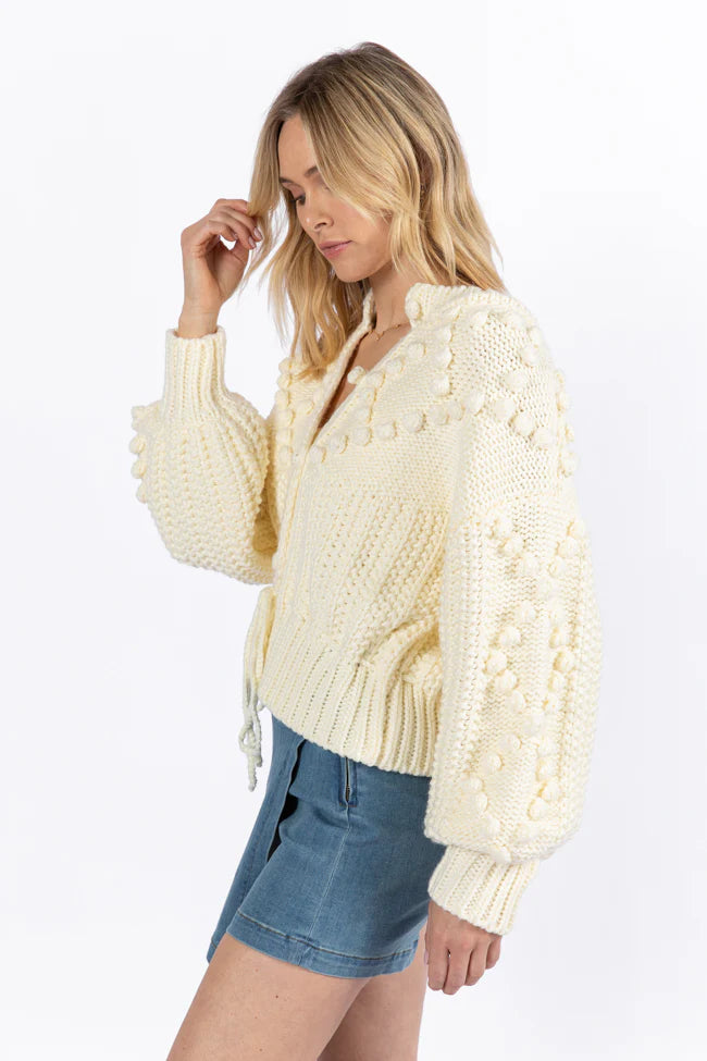 Pom Party Cream Chunky Cinched Waist Cardigan