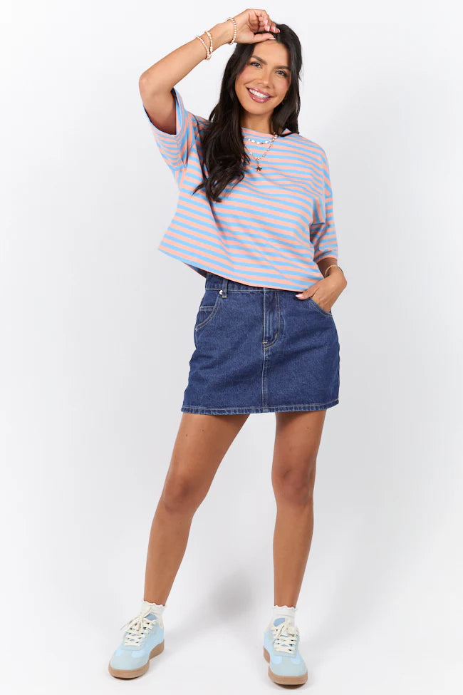 Keep It Casual Blue and Coral Multi Boxy Striped Tee