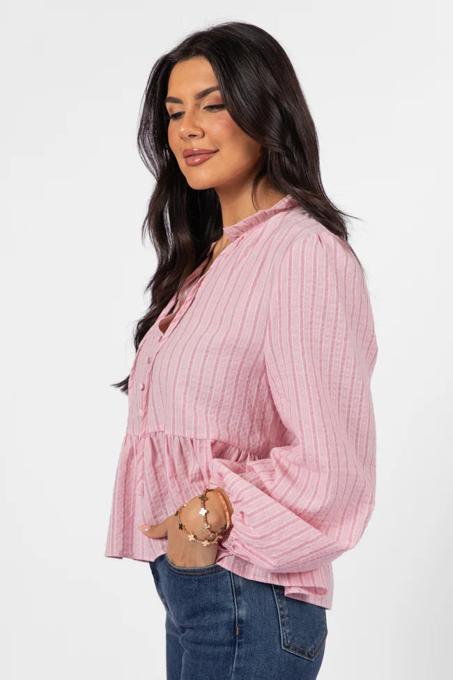 Oh My Darling Pink Stripe Notched Neckline Button Detail Peplum Blouse