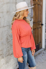 Making It Work Coral Brushed Knit Smocked Waist Blouse FINAL SALE