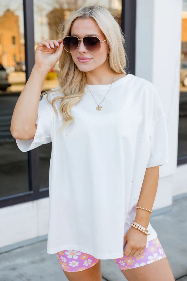 Busy Babe Oversized Ivory Distressed T-Shirt FINAL SALE