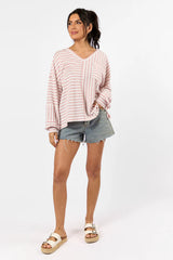 All For Sun Pink and Ivory Striped Knit V-Neck Long Sleeve Tee