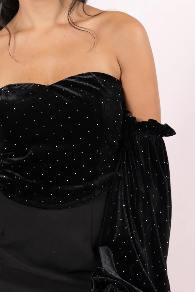 Brightest Star Black Off The Shoulder Rhinestone Studded Velvet Top FINAL SALE