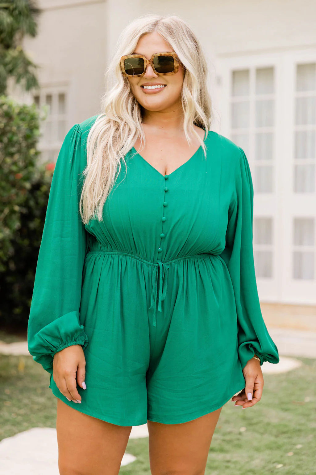 Came Here To Forget Kelly Green Long Sleeve Romper FINAL SALE