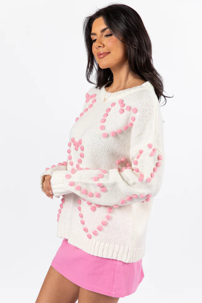 Adore You Ivory and Pink Oversized Heart Pom Sweater FINAL SALE