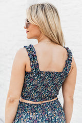 Made You My World Navy Multi Color Printed Smocked Cropped Tank FINAL SALE