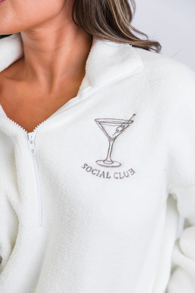 After Hours Ivory and Taupe Social Club Martini Embroidered Fleece Pullover FINAL SALE