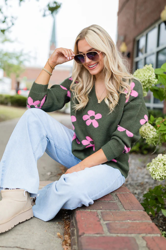 Keep You Around Olive and Pink Floral V-neck Sweater SALE