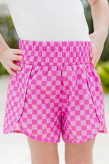 Kid's Errands To Run Pink Checkered High Waisted Athletic Shorts SALE