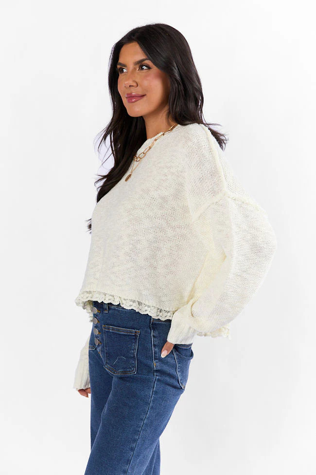 Harp On It Cream Lace Hem Crew Neck Sweater