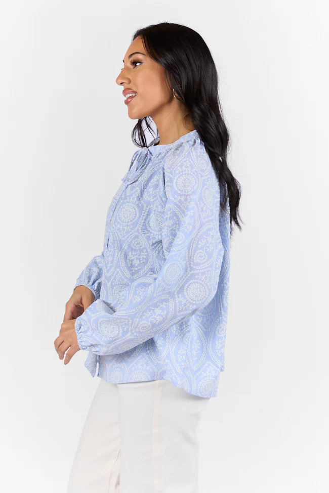 Downtown Delight Blue Embroidered Woven Button Down Blouse