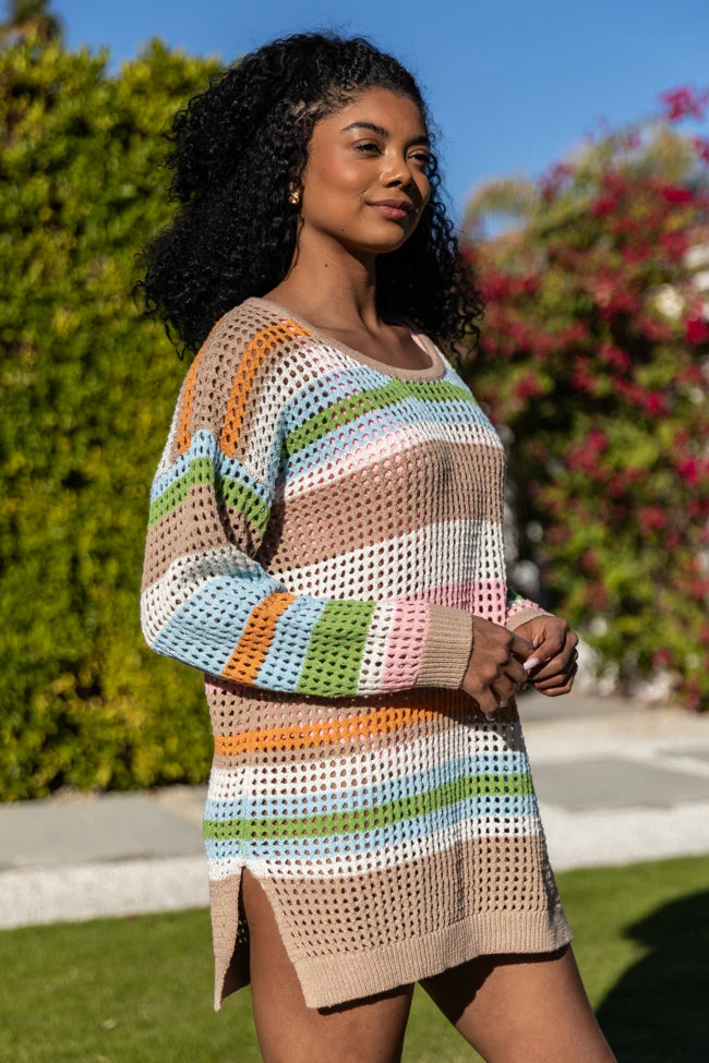 Rainbow Row Multi Crochet Knit Sweater Tunic SALE