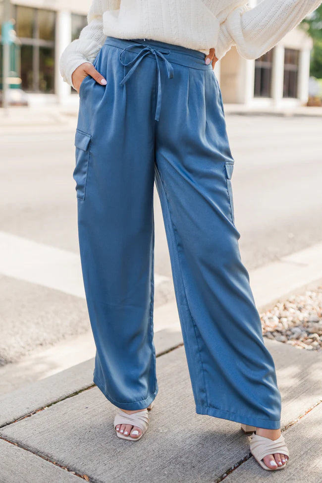 Cool Touch Blue Satin Cargo Pull On Pants FINAL SALE