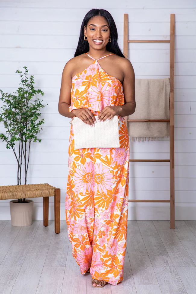 Know No Limits Pink and Orange Floral Halter Jumpsuit FINAL SALE